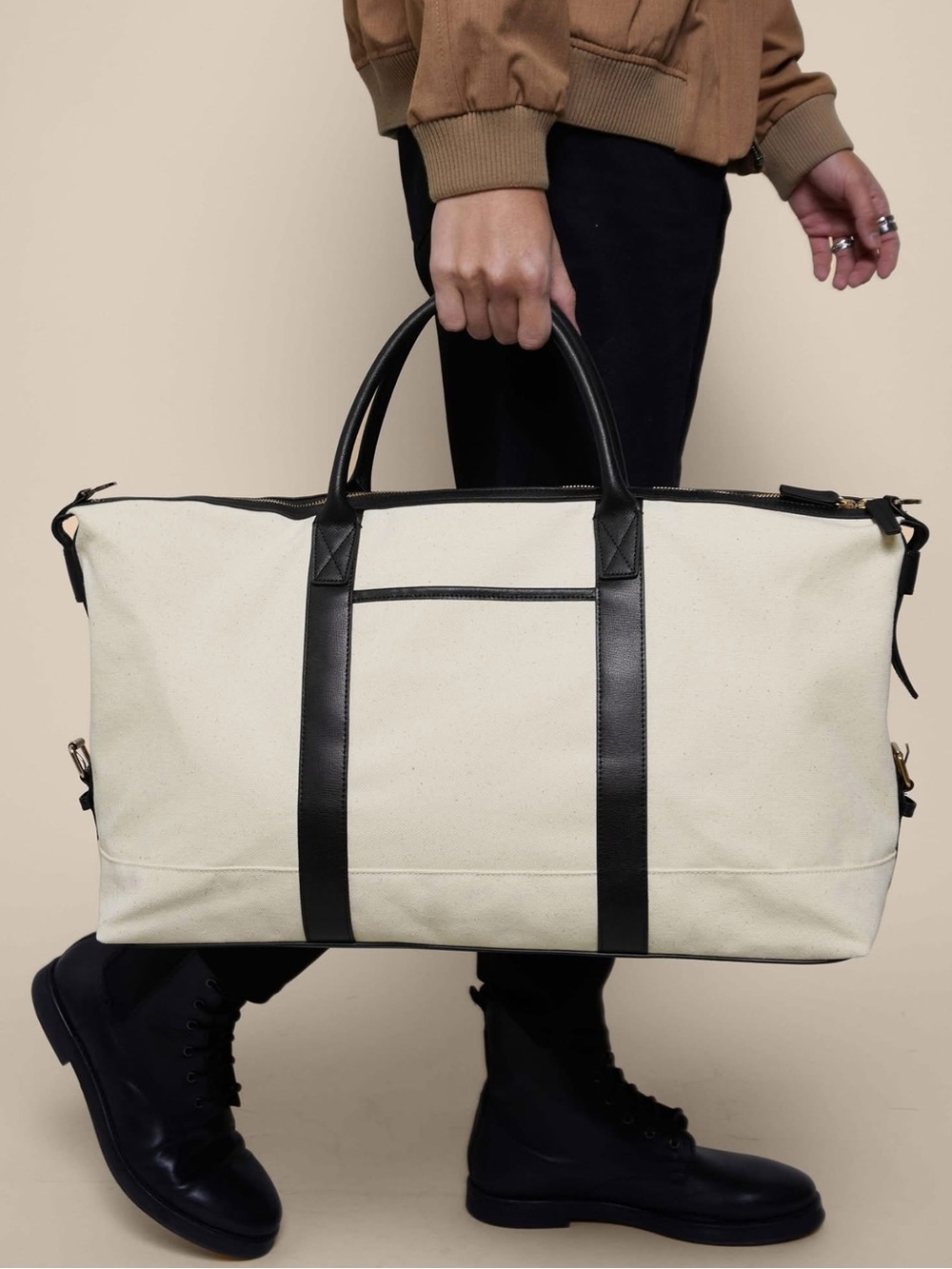 Cream Canvas Travel Duffel with Black Trim and Handles